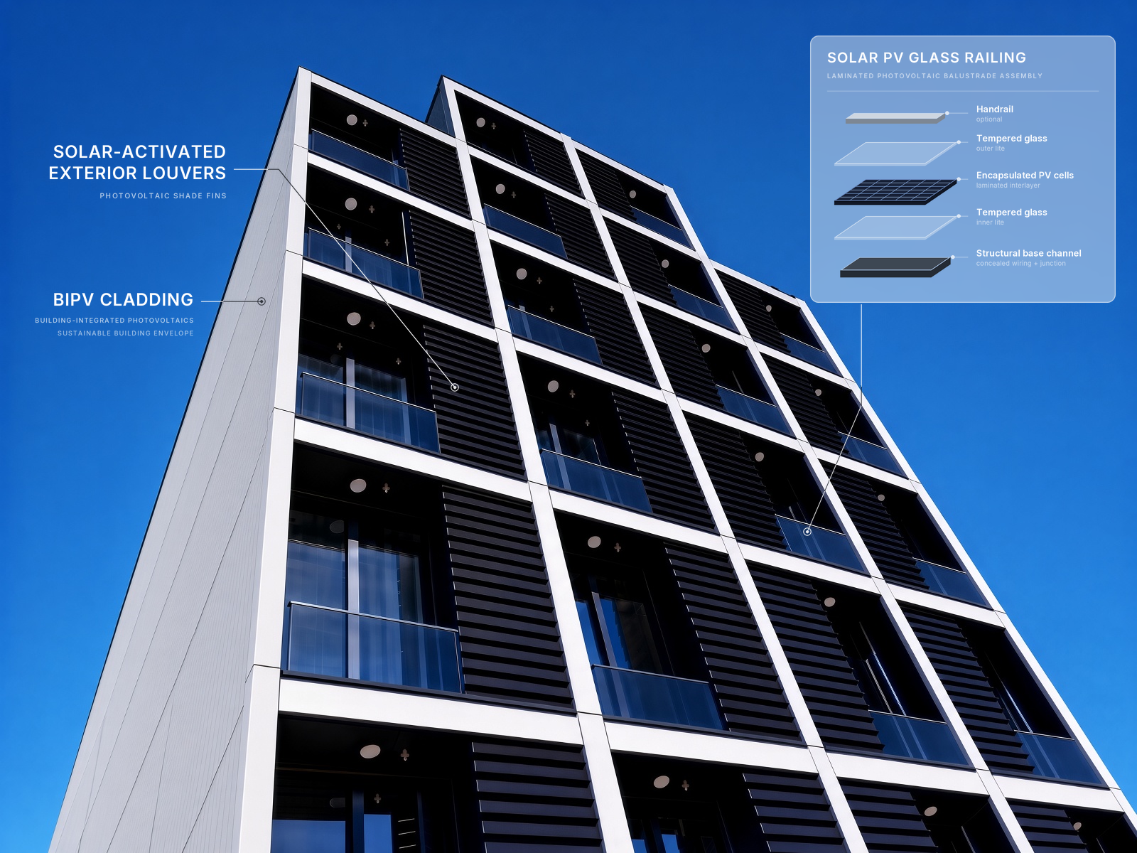 Solar facade callouts showing integrated exterior louvers, BIPV cladding, and solar PV glass railing